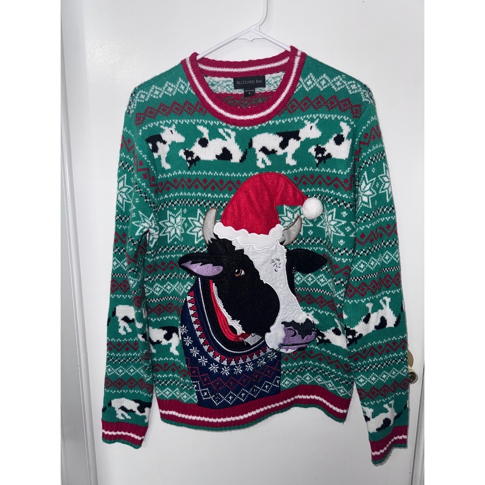 Blizzard Bay Green Cow Santa Hat Ugly Christmas Sweater Mens Small Fair‎ Isle